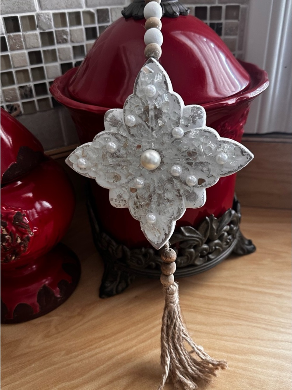 Hand crafted Beaded White Floral hanging Ornament with Tassel
